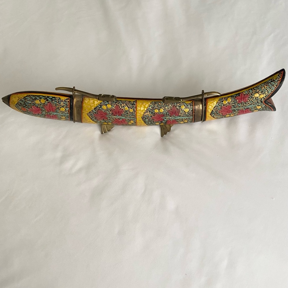 Vintage Fish Knife & Fork Carving Set in a fish shaped wood & brass stand